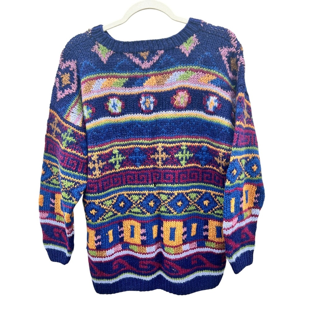 Vintage Susann D Hand Knit 100% Wool Sweater Small Blue Fair Isle Shetland 90s - Picture 2 of 7